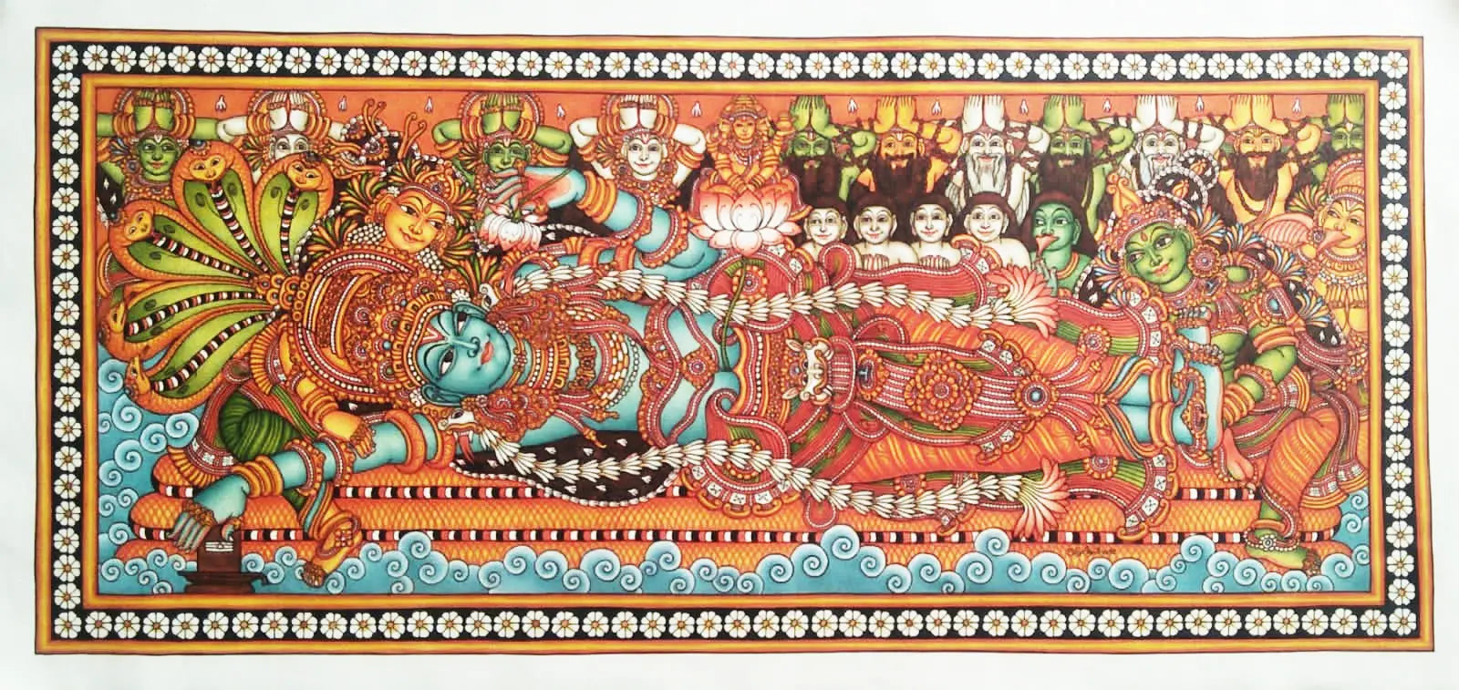 Colorful traditional artwork with intricate designs and figures, framed by decorative elements.