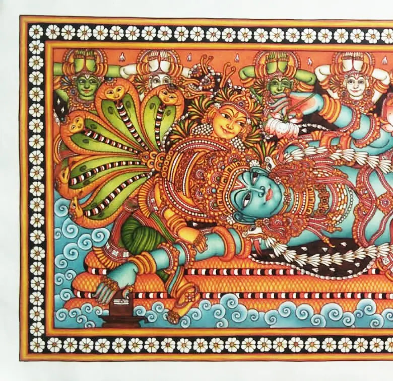 Colorful artwork of deities with intricate designs on a decorative border.