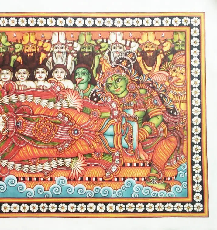 Colorful artwork of a deity on a horse with intricate details and floral border.