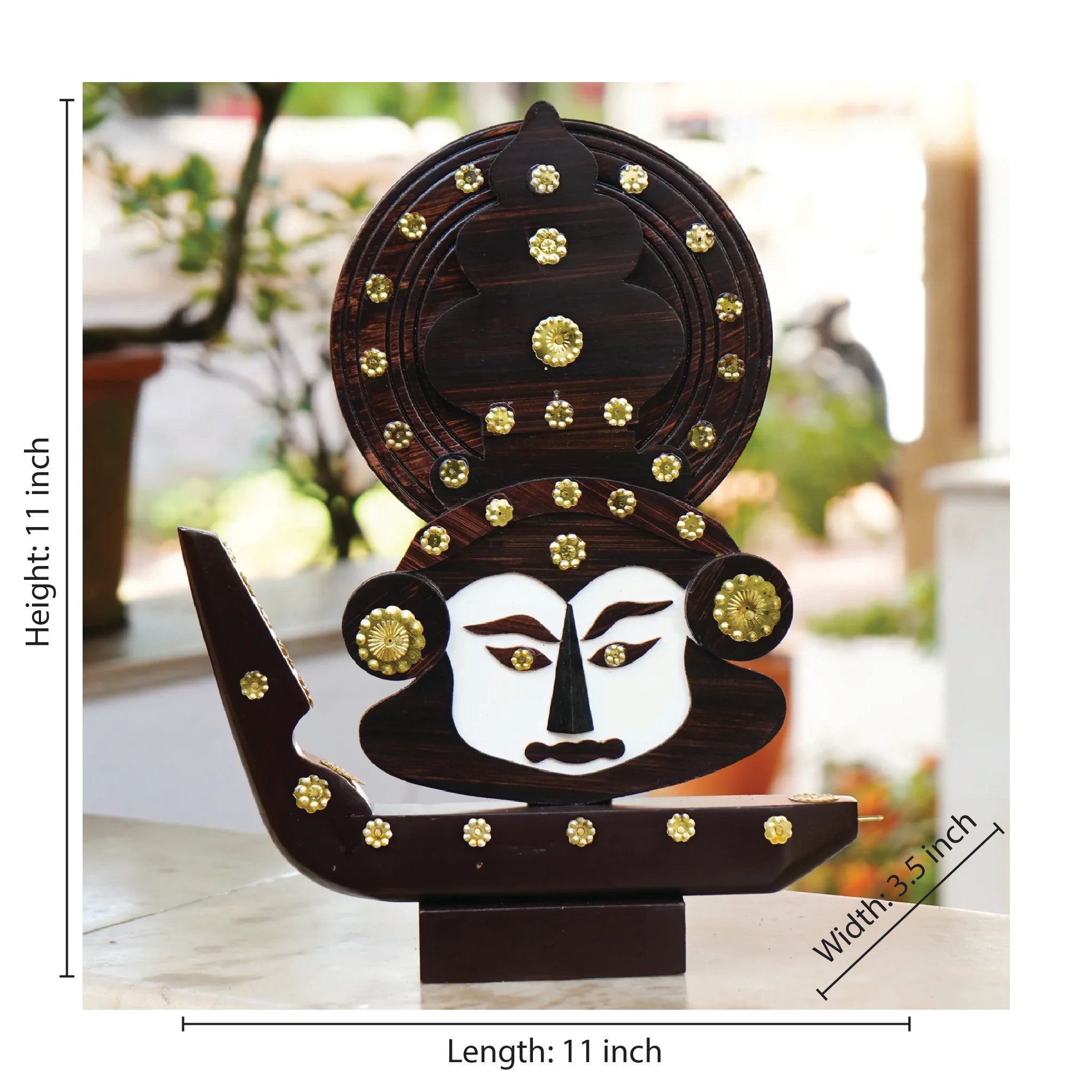 Handcrafted Wooden Boat with Kathakali Head - Brass Accents