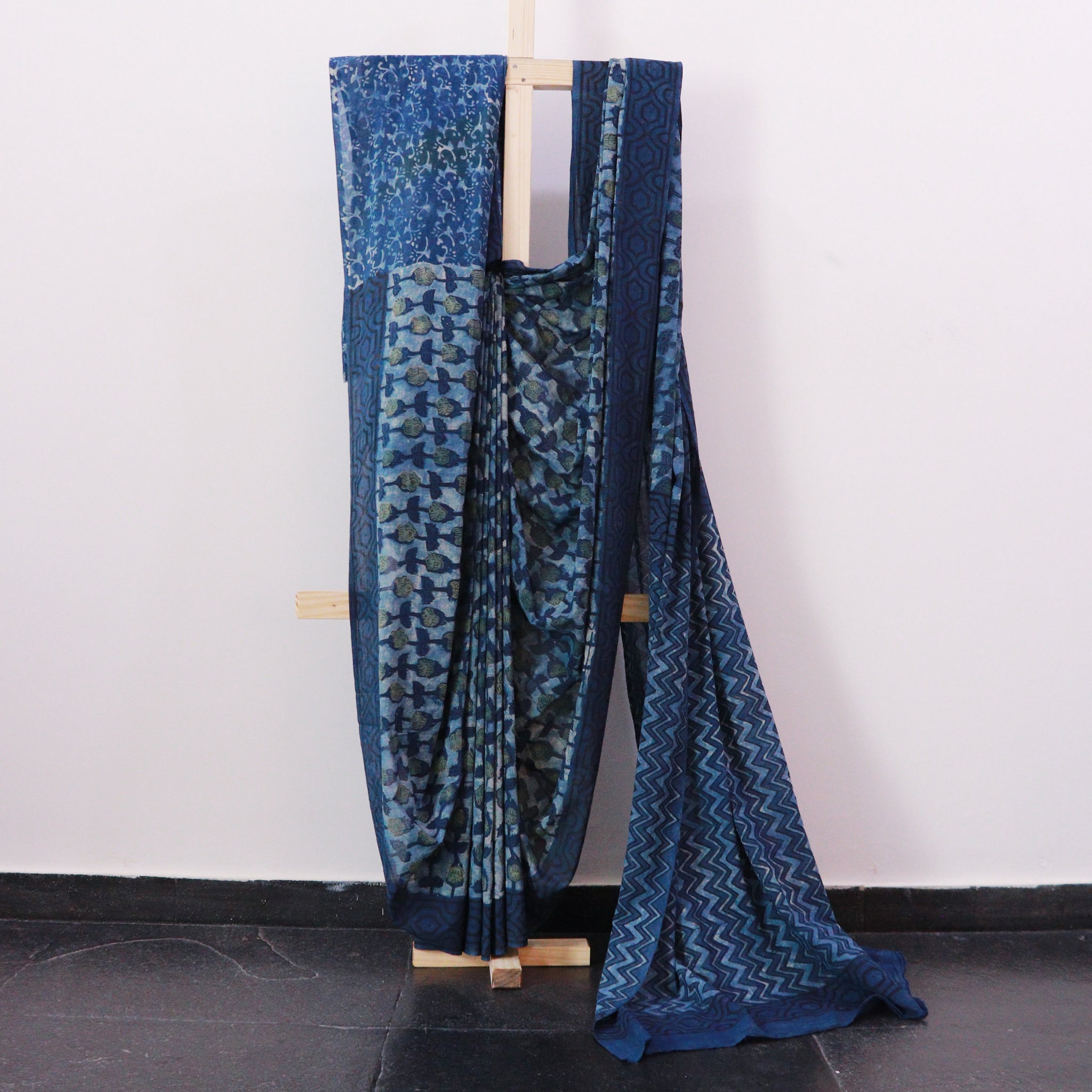 Shop Indigo Blue Vanaspati Ajrak Saree with traditional block print, merging art with fashion