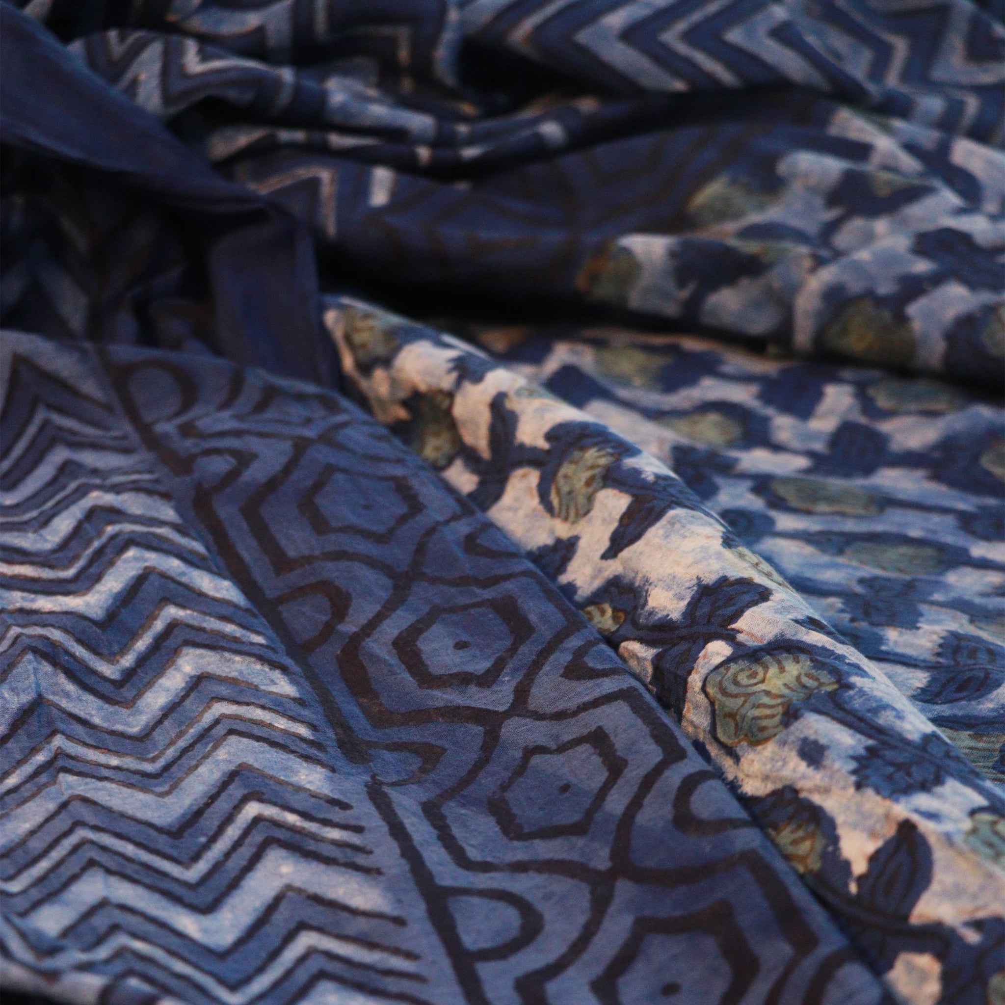 Shop Indigo Blue Vanaspati Ajrak Saree with traditional block print, merging art with fashion