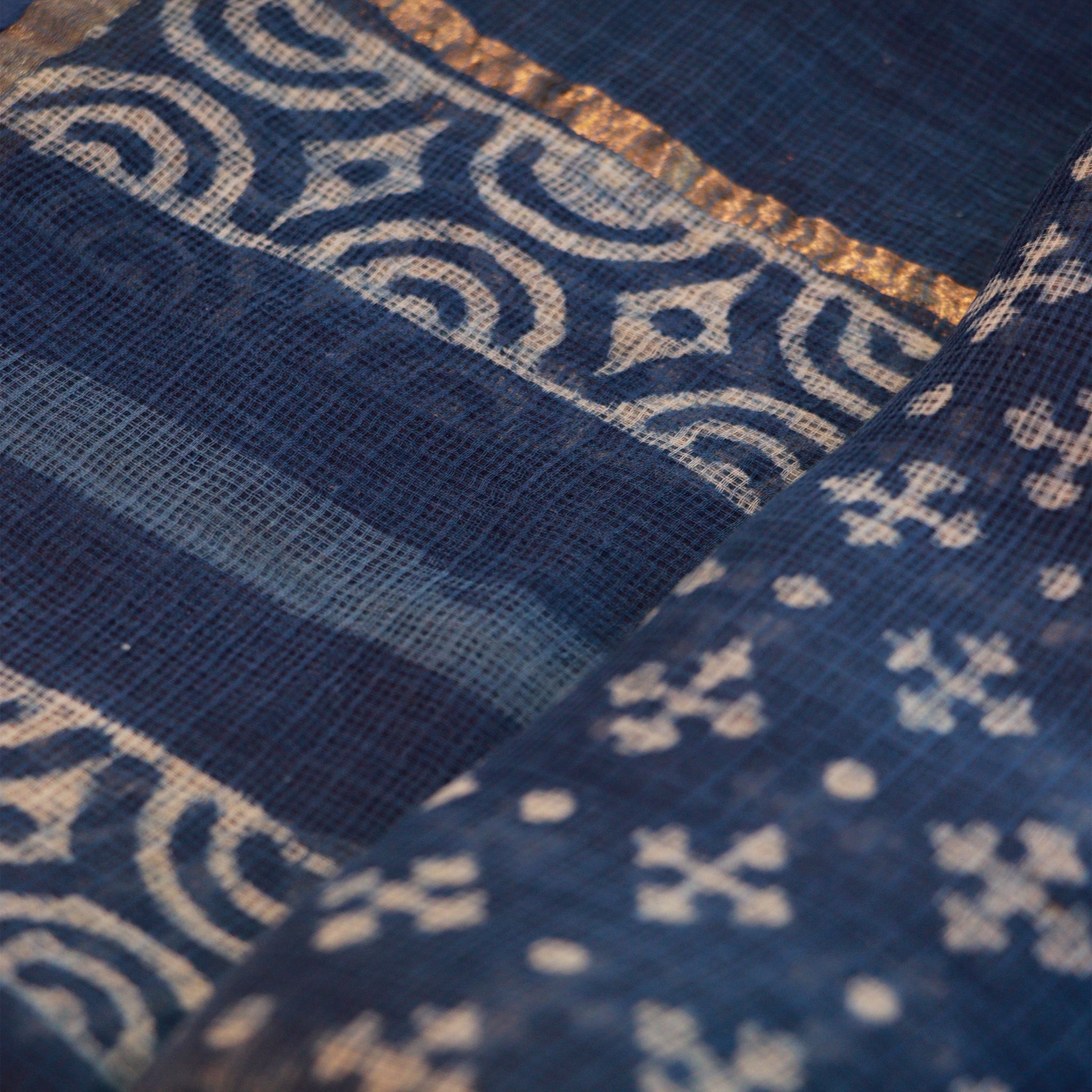 Shop Kotadoria Dupatta: Geometric Motif Block Print - Indigo Blue Online