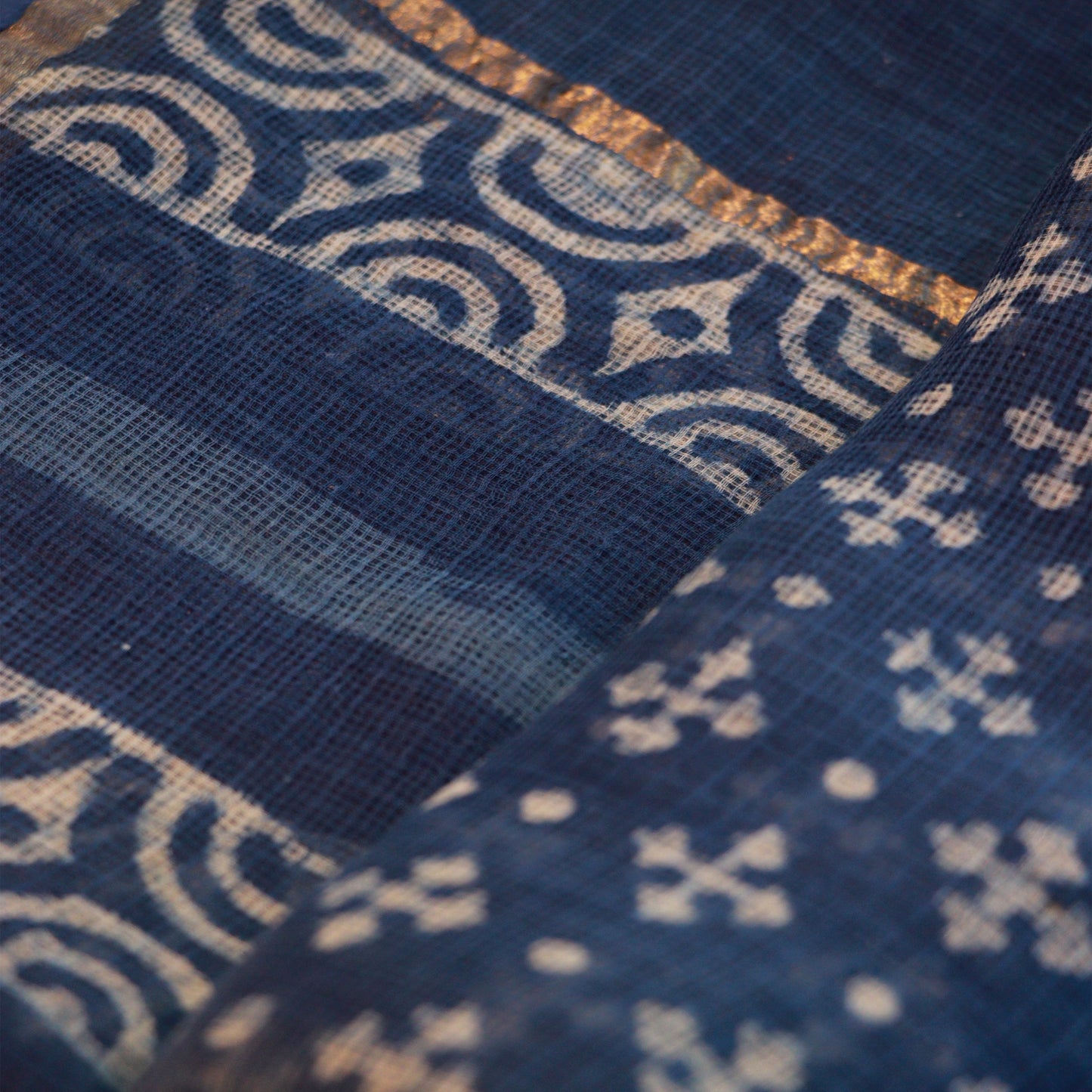 Shop Kotadoria Dupatta: Geometric Motif Block Print - Indigo Blue Online