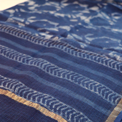 Shop Kotadoria Dupatta: Floral Art Block Print - Indigo Blue Online