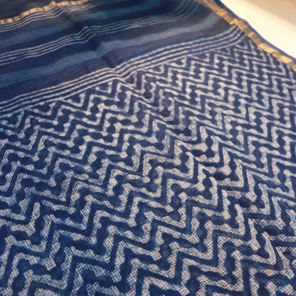 Shop Indigo Blue Kotadoria Dupatta: Zig Zag Block Print Online