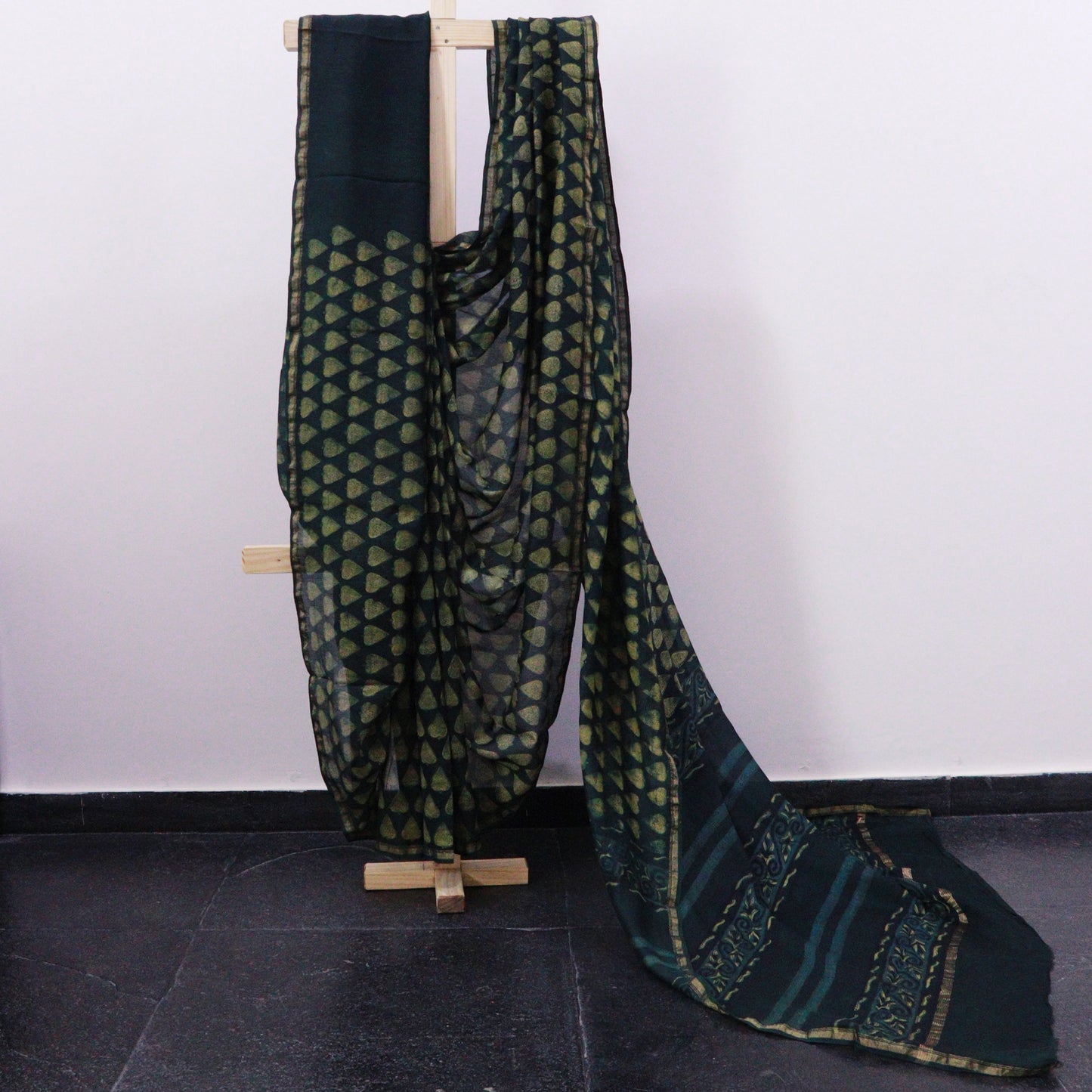 Shop Dark Green Chanderi Cotton Saree with traditional block print, epitomizing elegance