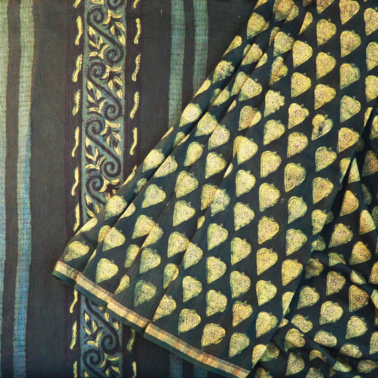 Shop Dark Green Chanderi Cotton Saree with traditional block print, epitomizing elegance