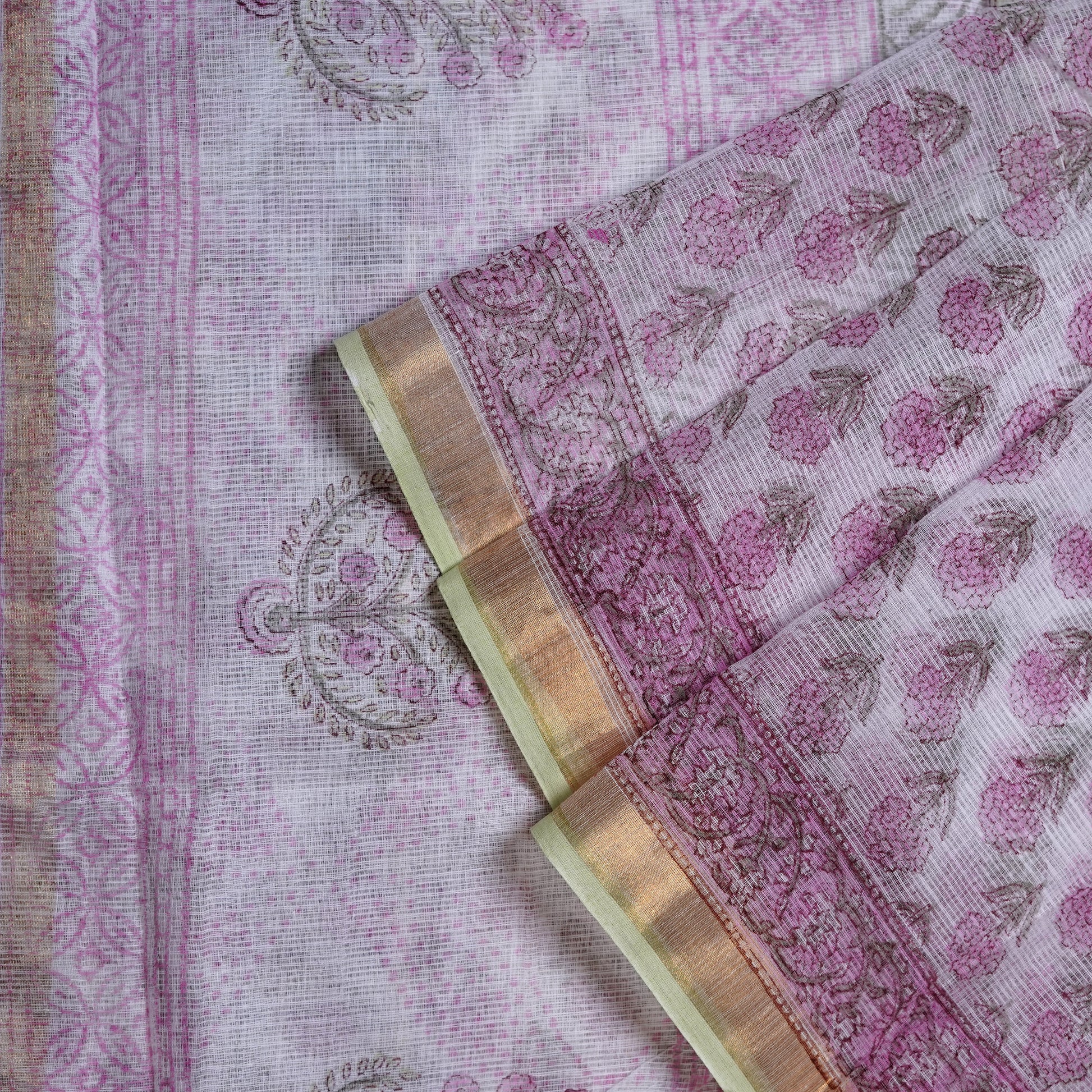 Shop Graceful white and pink Kotadoria cotton saree with delicate patterns