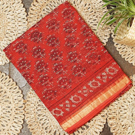 Shop bright red Kotadoria cotton saree showcasing traditional design