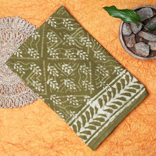 Shop Elegant Olive Green Vanaspati Ajrak Cotton Saree, inspired by nature's hues