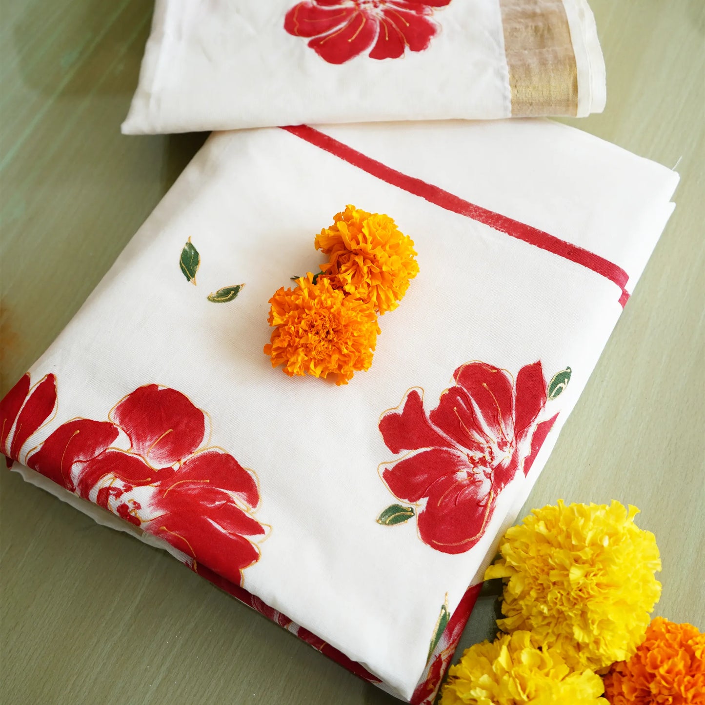 Kerala Kasavu Saree-Bold Red Floral| Pre-order now