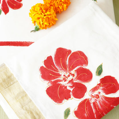 Kerala Kasavu Saree-Bold Red Floral| Pre-order now