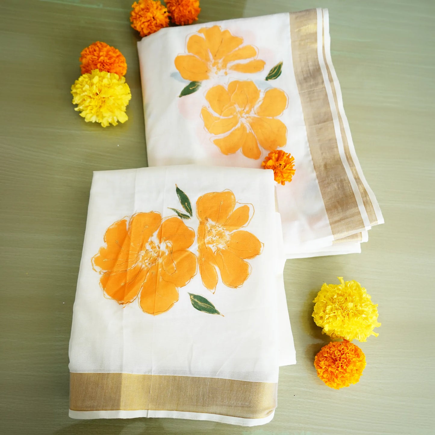 Kerala Kasavu Saree-Bold Orange Floral-Swarna