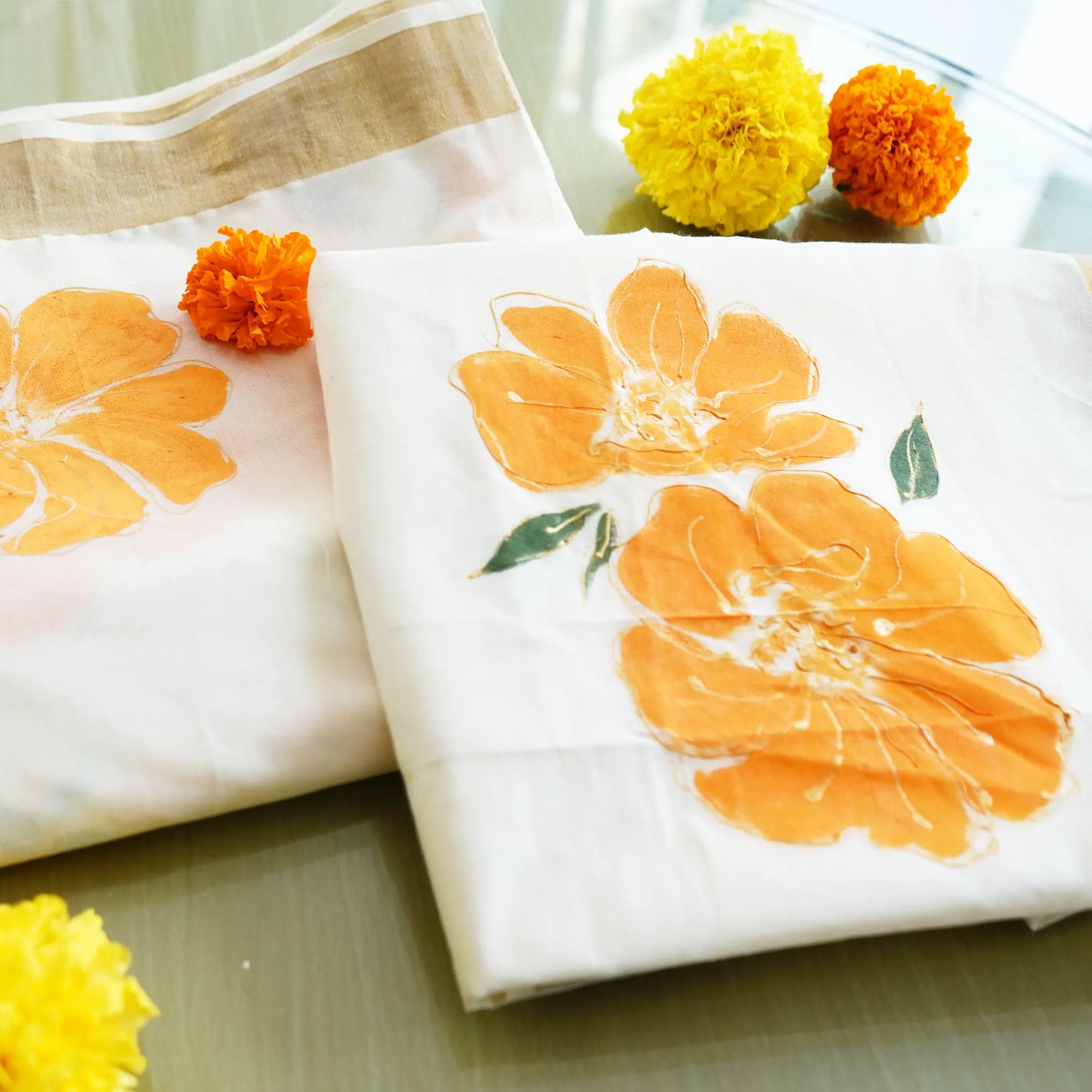 Kerala Kasavu Saree-Bold Orange Floral-Swarna