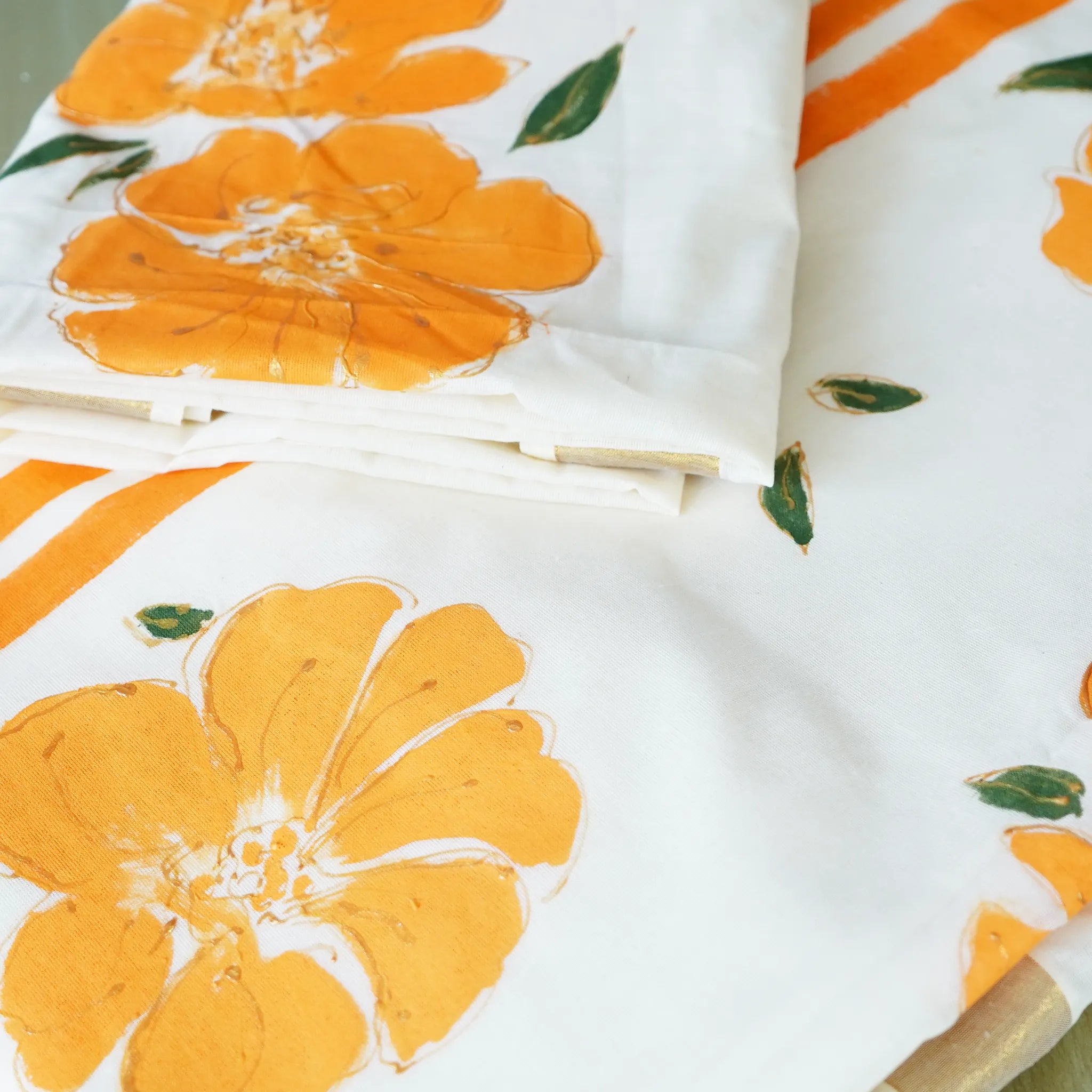 Kerala Kasavu Saree - Bold Orange Floral Hand-Painted Design with Blouse