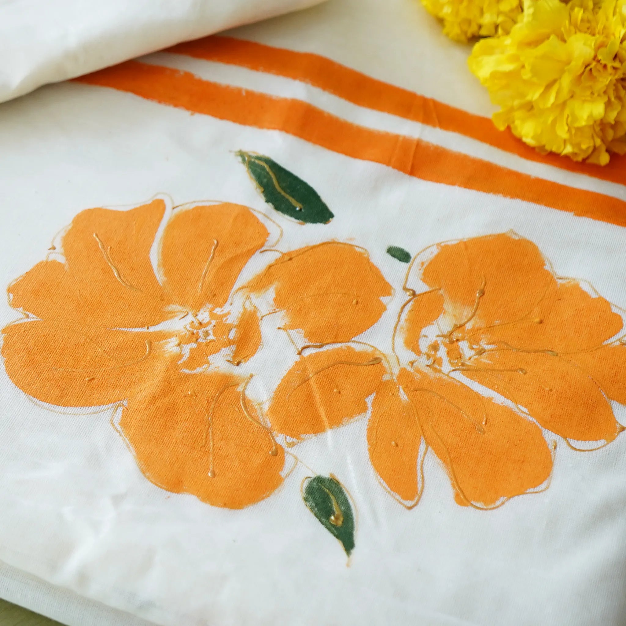 Kerala Kasavu Saree - Bold Orange Floral Hand-Painted Design with Blouse