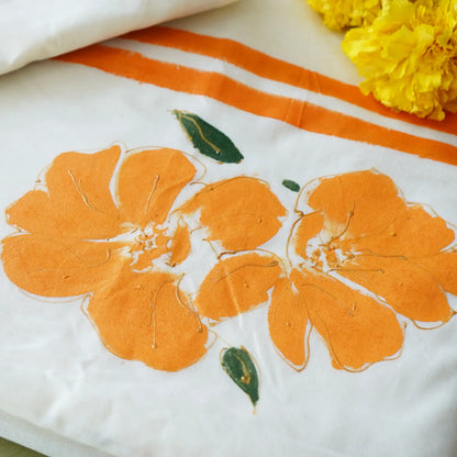 Kerala Kasavu Saree-Bold Orange Floral-Swarna