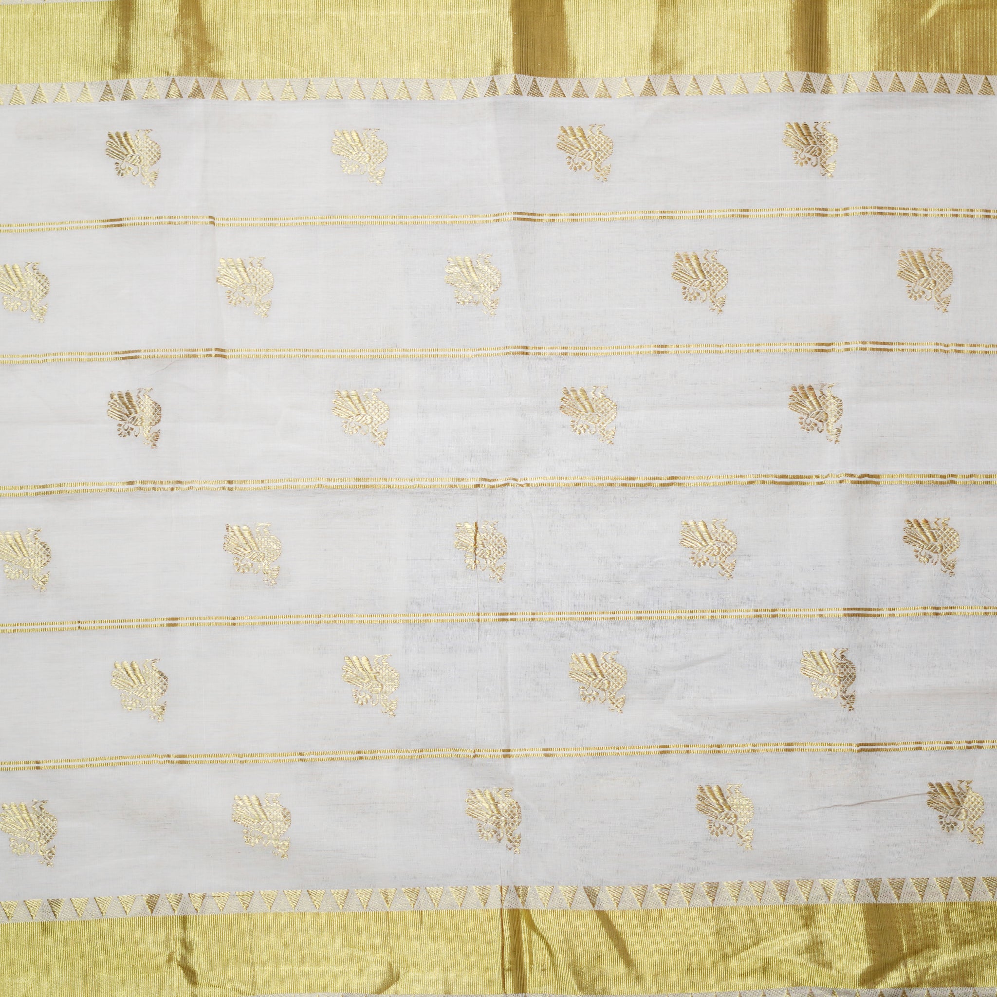 Shop Kerala Kasavu White Saree adorned with Zari Peacock Motif