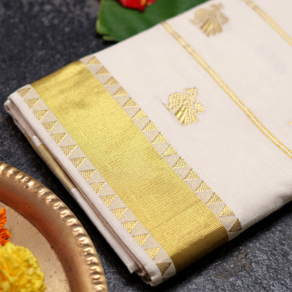 Shop Kerala Kasavu White Saree adorned with Zari Peacock Motif