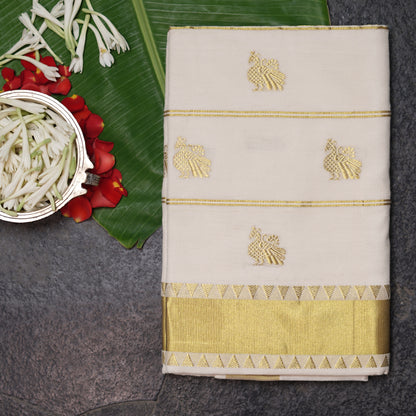 Shop Kerala Kasavu White Saree adorned with Zari Peacock Motif