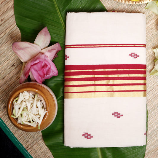 Shop Kasavu White Saree with Red Arai-maadam Motif for a traditional look
