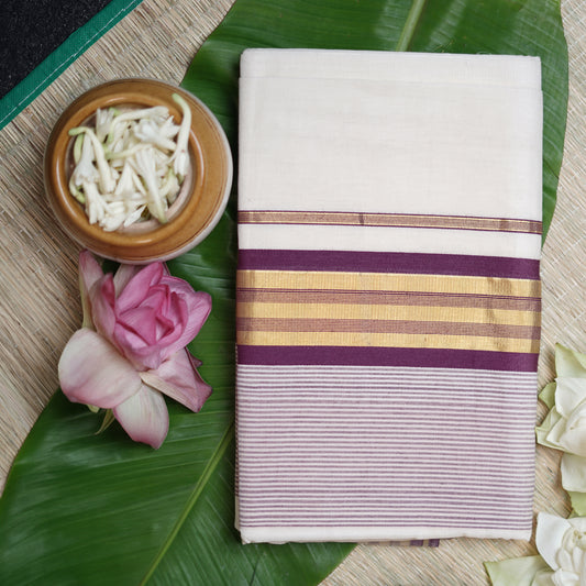Shop Kerala Kasavu White Saree with Gold & Purple Border detailing Online
