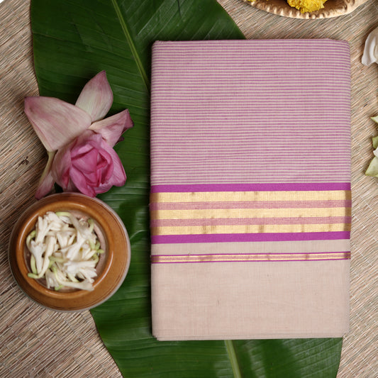 Shop Traditional Kerala Kasavu Cream Zari Saree with Lilac Stripes Online