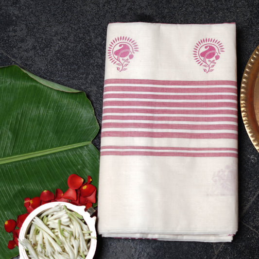 Shop Authentic Kerala Handloom Pink Paisley Cotton Saree Online