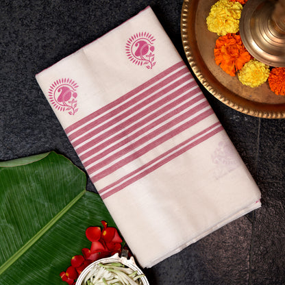 Shop Authentic Kerala Handloom Pink Paisley Cotton Saree Online
