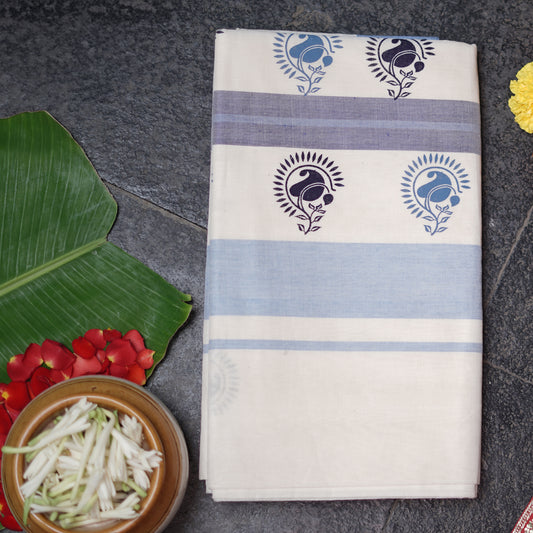 Shop Authentic Kerala Handloom Blue-Black Paisley Cotton Saree Online