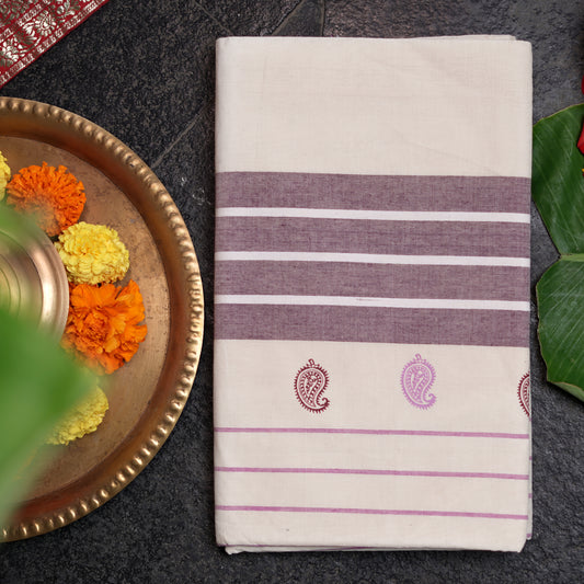 Shop Authentic Kerala Handloom Lavender Paisley Cotton Saree Online