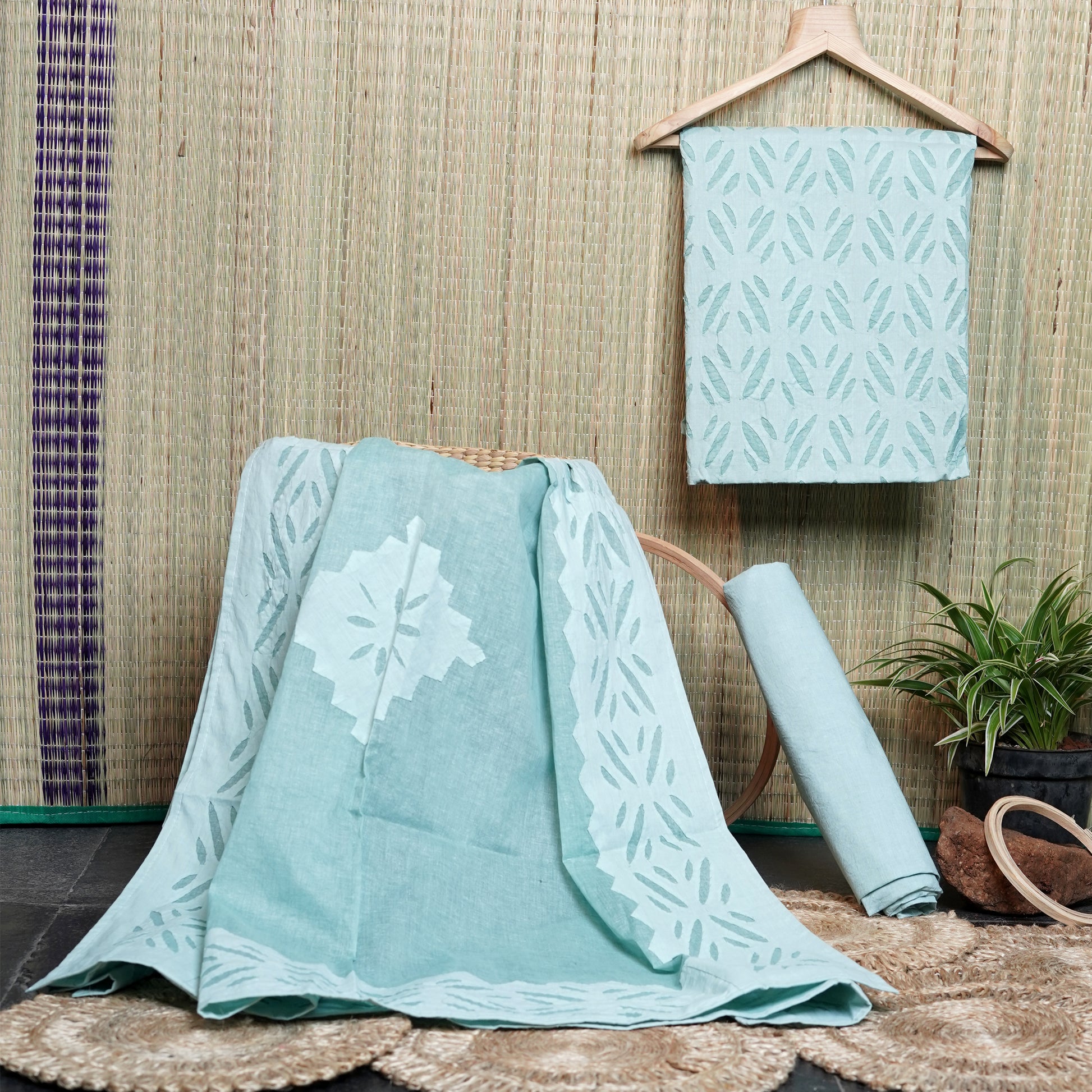 Shop Applique Cotton Suit Sets - Light Aqua Blue 