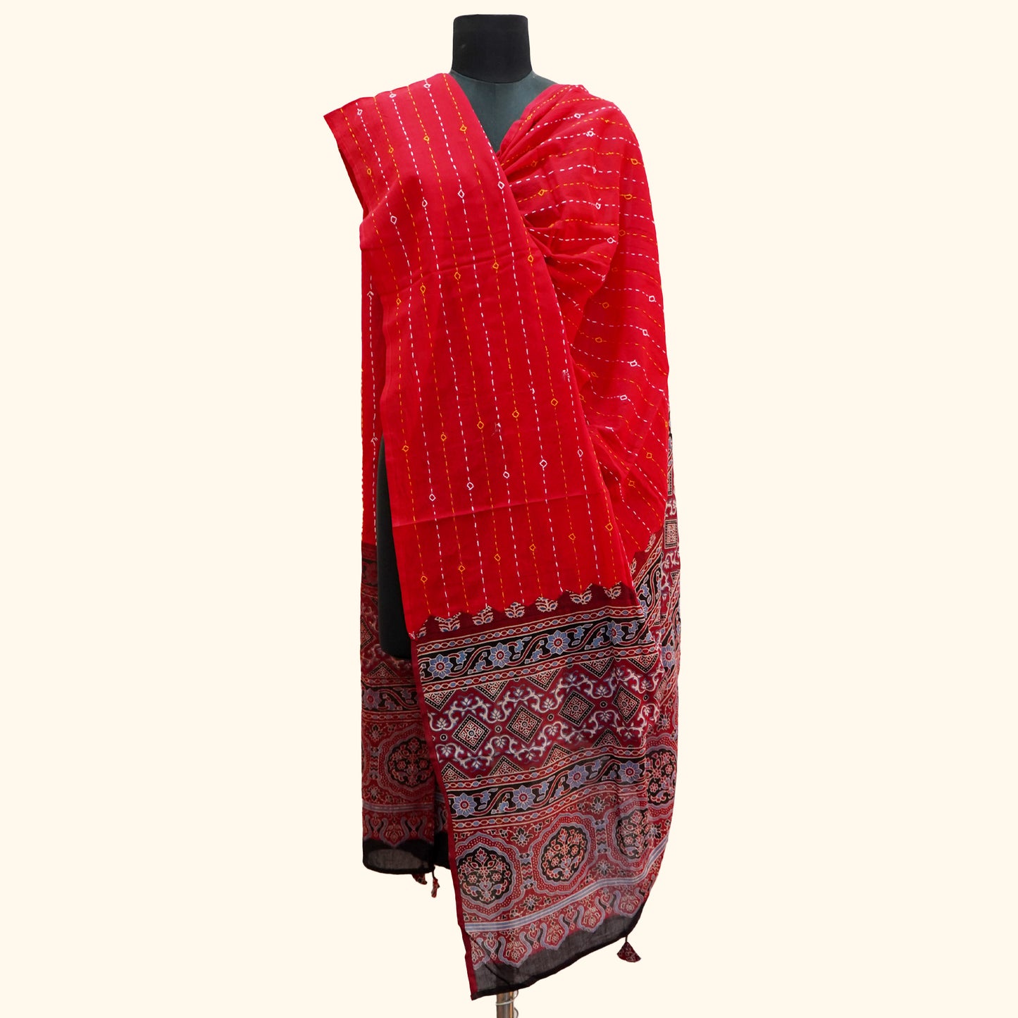 Shop Ajrak Kantha Work Dupatta - Maroon & Black Online