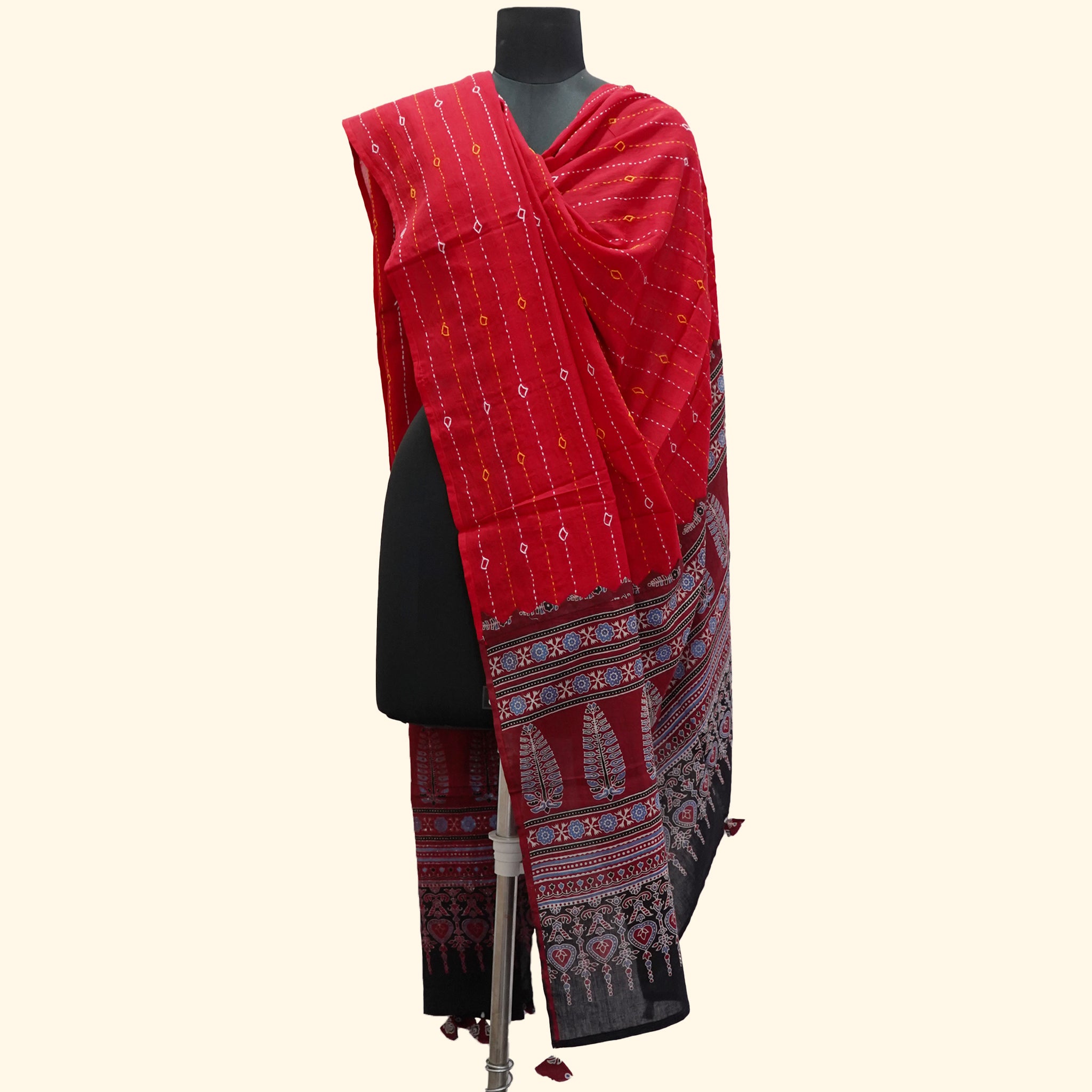 Shop Ajrak Kantha Work Dupatta - Red & Black Online