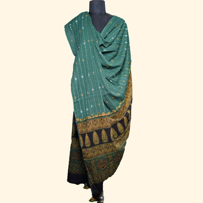 Shop Ajrak Kantha Work Dupatta - Dark Green & Black Online