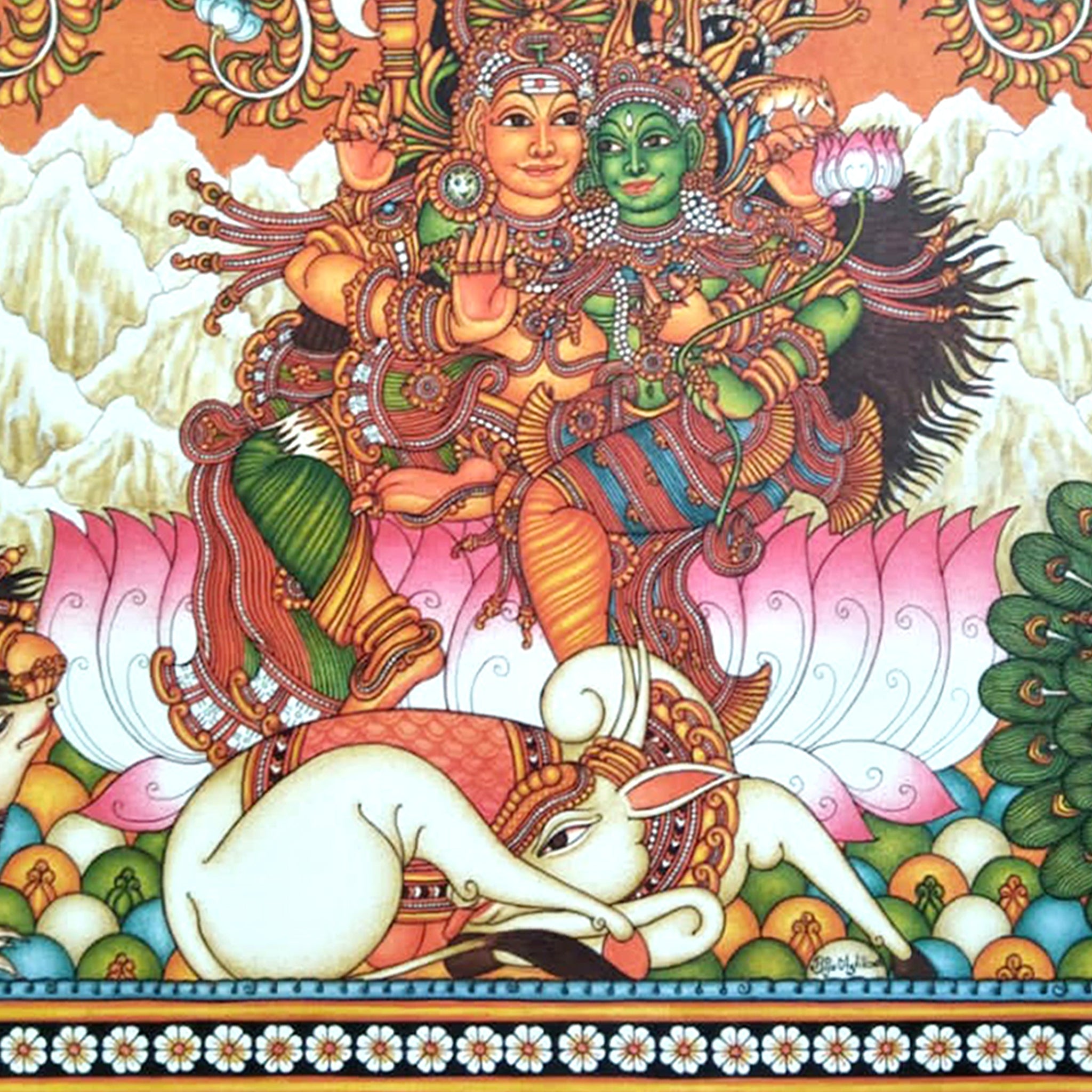 Kerala Mural Painting portraying The Shiva Kudumbam, rich in mythological imagery