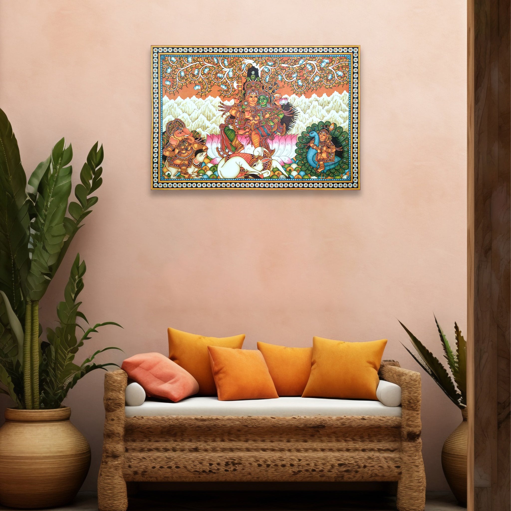 Kerala Mural Painting portraying The Shiva Kudumbam, rich in mythological imagery