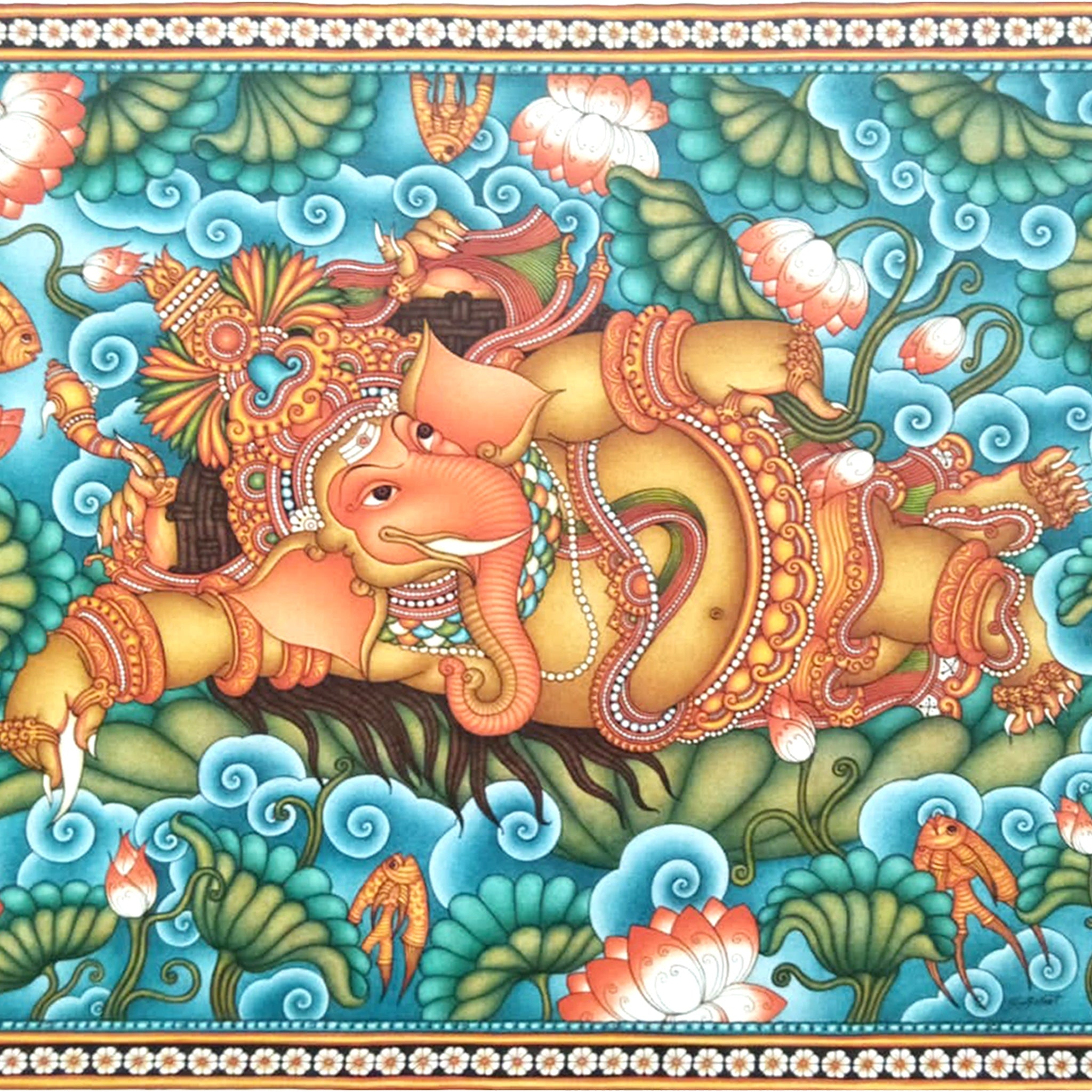 Kerala Mural Painting depicting Shayana Ganapati, serene and divine