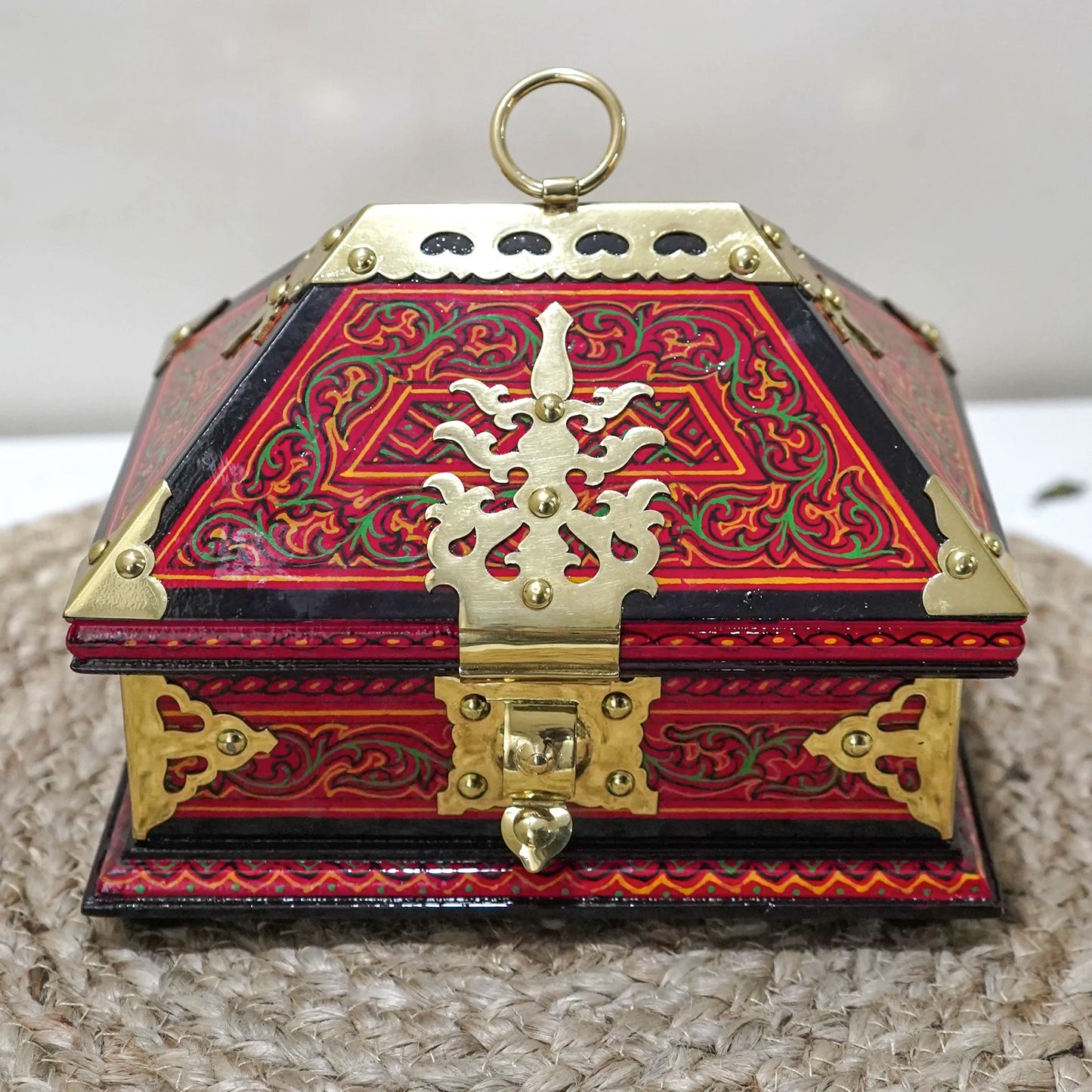 Red Nettoor Petti with Mural Painting and Brass Accents Traditional jewelry Box