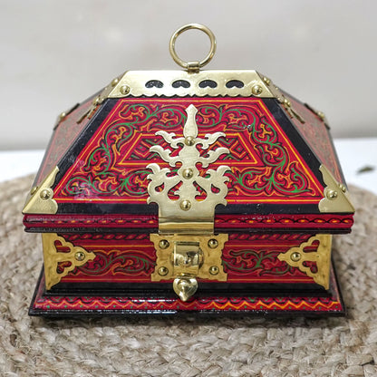 Red Nettoor Petti with Mural Painting and Brass Accents Traditional jewelry Box