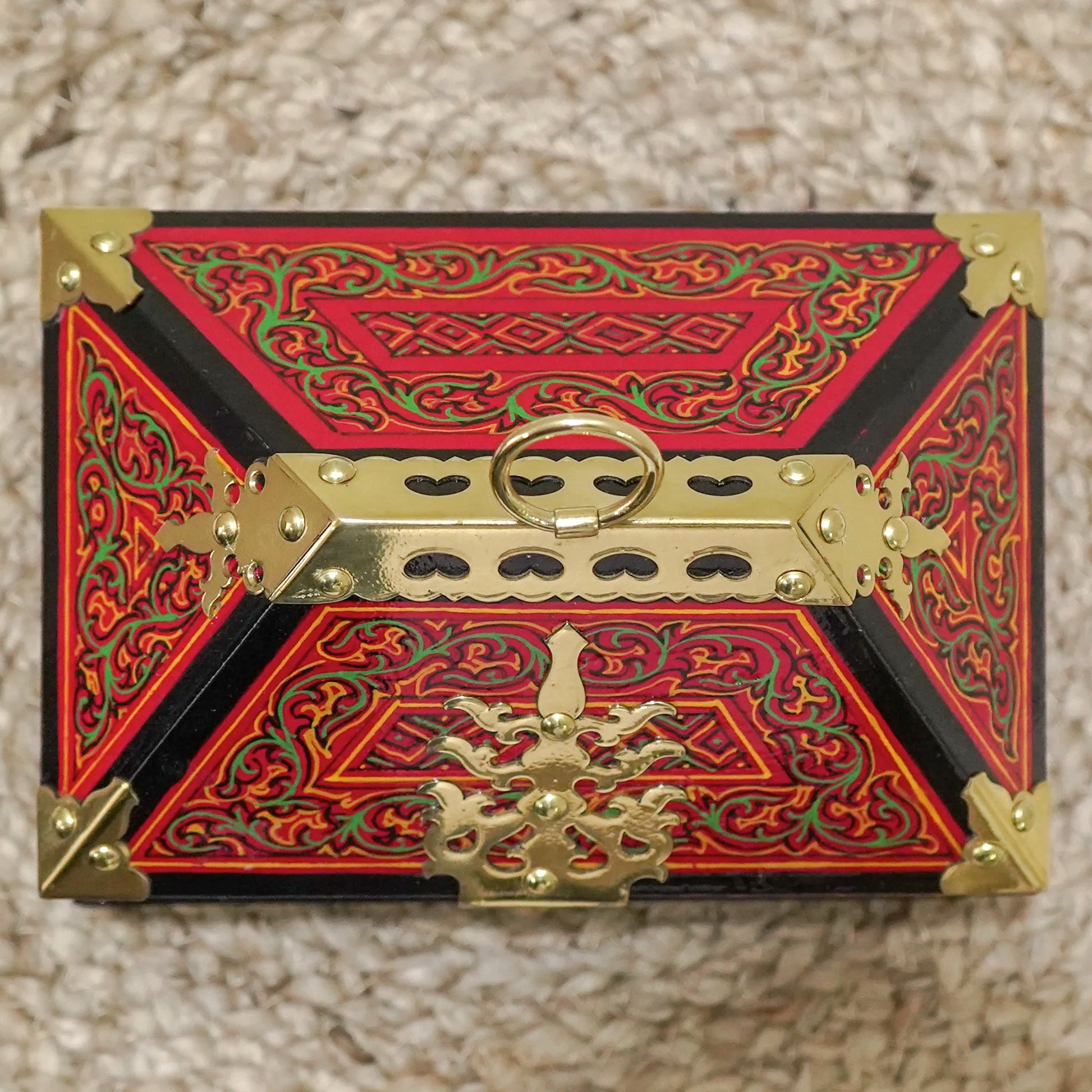 Red Nettoor Petti with Mural Painting and Brass Accents Traditional jewelry Box