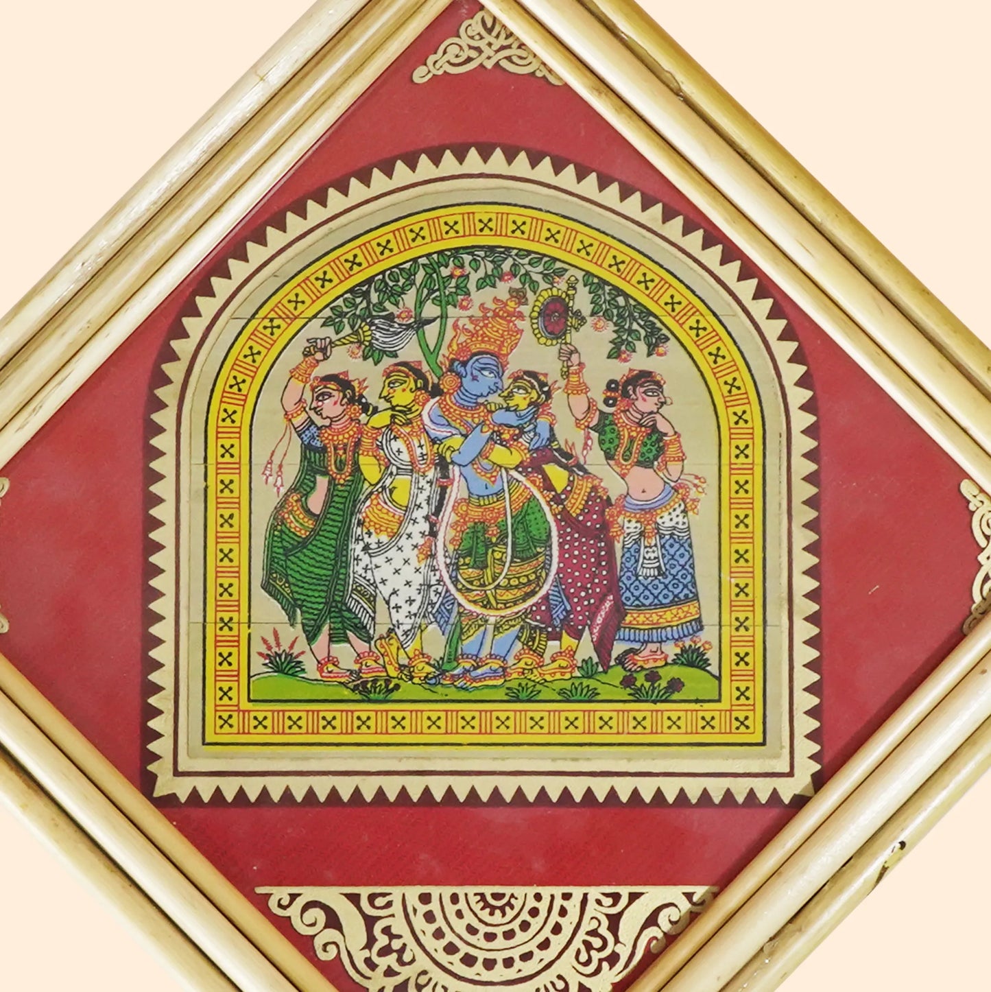 Handpainted Pattachitra Palm Leaf Painting- Krishna Raasa Leela - 6x6 inches