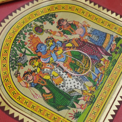 Handpainted Pattachitra Palm Leaf Painting- Krishna Raasa Leela - 6x6 inches