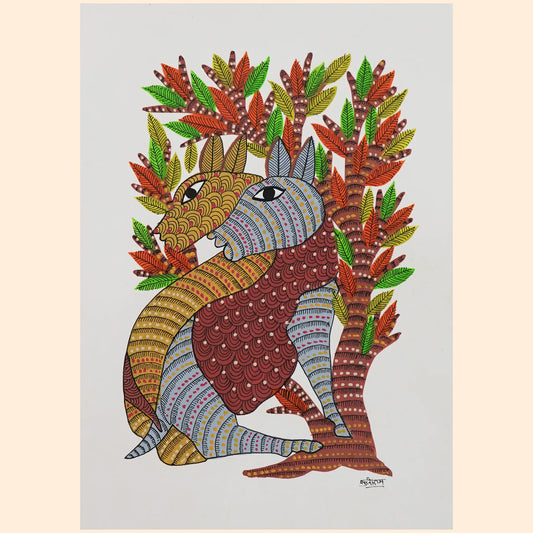 Vibrant Gond Art with Stylized Animals and Majestic Tree