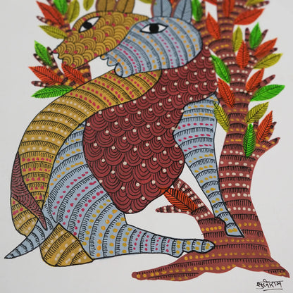 Vibrant Gond Art with Stylized Animals and Majestic Tree