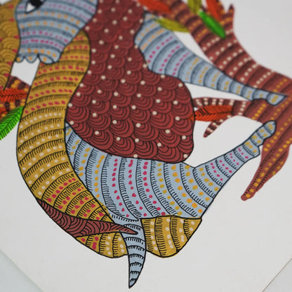 Vibrant Gond Art with Stylized Animals and Majestic Tree