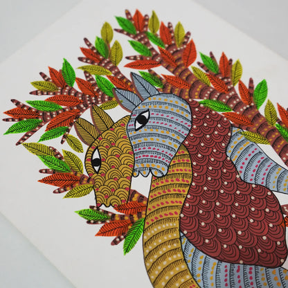 Vibrant Gond Art with Stylized Animals and Majestic Tree