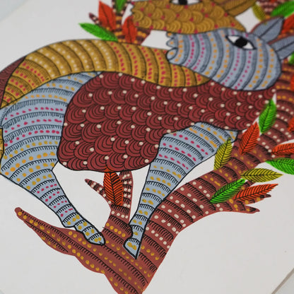 Vibrant Gond Art with Stylized Animals and Majestic Tree