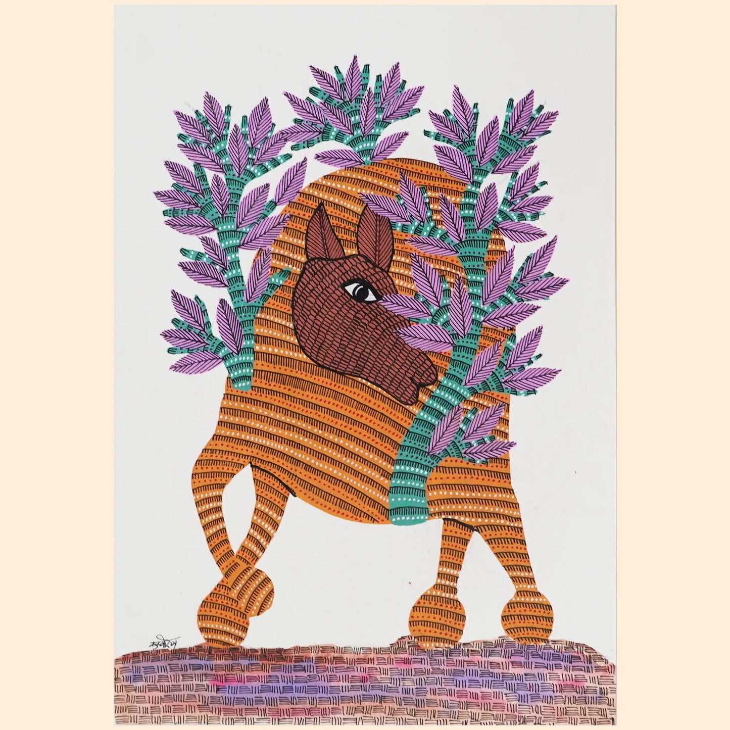 Vibrant Gond Art Featuring Intricate Camel and Tree Design 